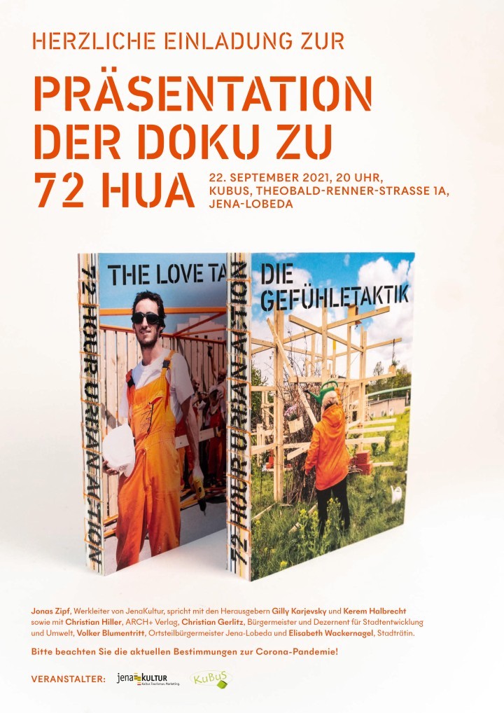 Plakat mit Einladung zur Vorstellung der Dokumentation des Projekts 72 HUA mit abgedrucktem Buchcover