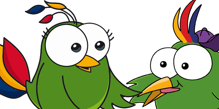 Adam & Eva Sommerferien; 2 grafische Maskottchen, Paradiesvögel  ©JenaKultur