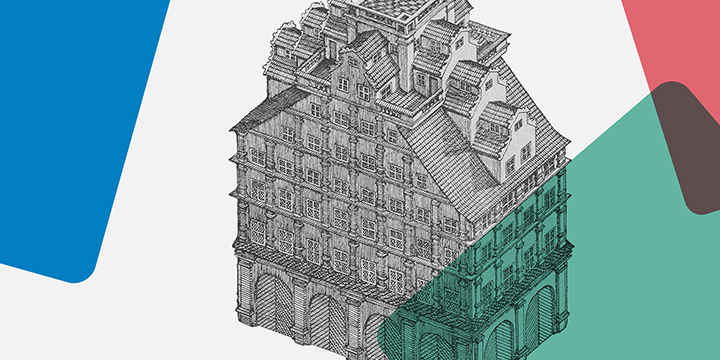 Historische Grafik des Weigelschen Hauses, darüber liegen bunte Quadrate  ©Sandra Goymann