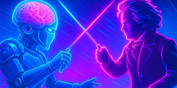 Ein Bild in den Farbtönen pink und blau, auf welchem sich ein Roboter und ein Mensch mit Lichtschwertern bekämpfen