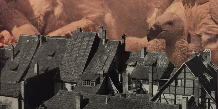 Collage aus schwarz-weiß Fotografie einer Häuserzeile und riesenhaften Geiern im Hintergrund
