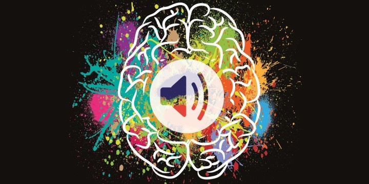 Weißer Umriss eines Gehirns auf bunten Farbklecksen, darüber ein Lautsprecher-Symbol  ©skop