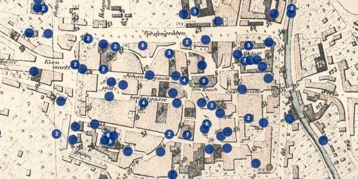 Ausschnitt aus dem digitalen Stadtlexikon Jena: Eine hsitorische Karte der Stadt mit blauen Markierungen, über die Fach-Artikel aufgerufen werden können