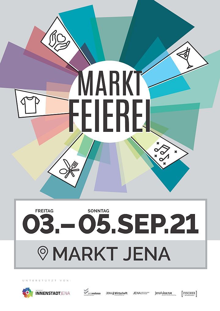 Grafisches Plakat mit bunten Strahlen zur Marktfeierei