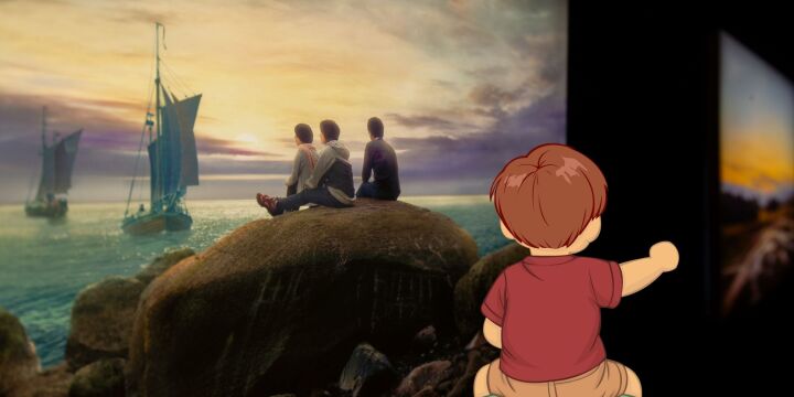 Zu sehen ist ein Blick in die Sonderausstellung "Der Wanderer", die Light Boxes des künstlers Hiroyuki Masuyama zeigt. Im Vordergrund ist eine Familie im Comisstil zu erkennen, die gerade vor einem der Bilder steht. 