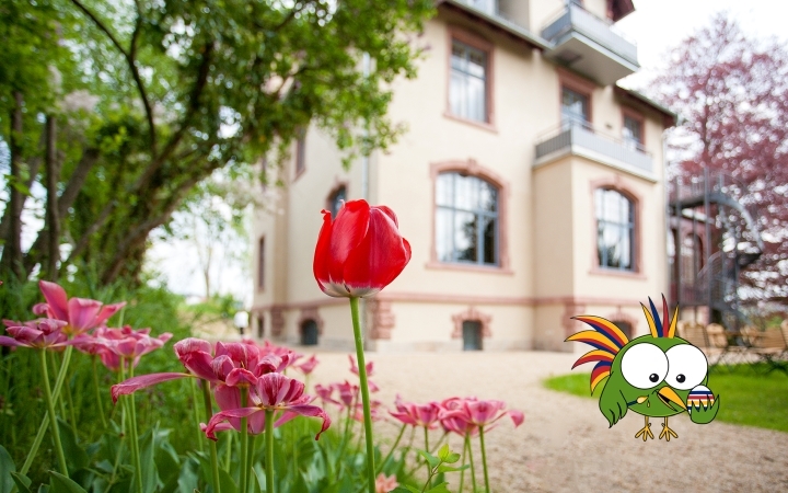 Villa Rosenthal im Frühling mit einer Adam-Zeichenfigur