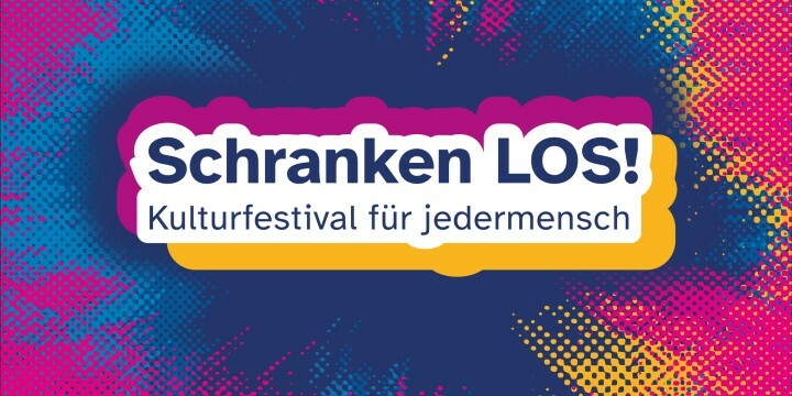 Buntes Raster in Gelb und Pink, das explosionsartig von Blau durchbrochen wird. Darauf der Schriftzug "Schranken Los! Kulturfestival für jedermensch" auf weißem Grund, der von einem lilafarbenen und gelben Schlagschatten hinterlegt ist