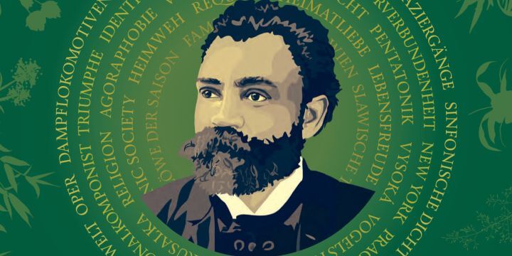 Grafik des Portraits von Antonín Dvořák auf dem Cover des Saisonbuchs 2026.2027 der Jenaer Philharmonie