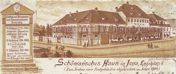 Ausschnitt einer lithografischen Postkarte, die das Schömannsches Haus am Engelplatz darstellt