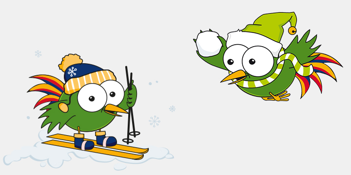 Zeichnung eines grünen Vogels auf Ski und fliegend mit Schneeball  &copy;JenaKultur, Gottweiss