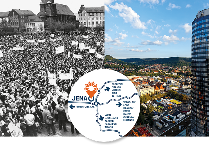 ein historisches und ein modernes Bild von Jenas Stadtzentrum nebeneinander