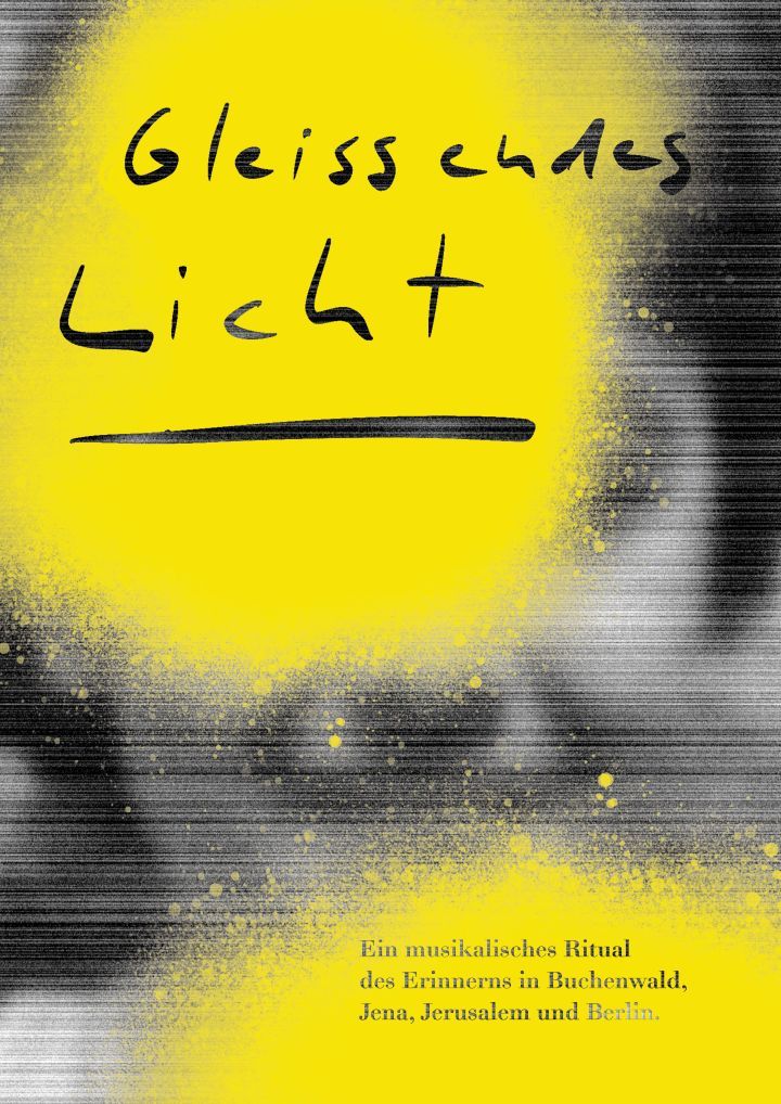 Gelb auf grauem Hintergrund mit Farbsprenkeln und Schrift "Gleissendes Licht"