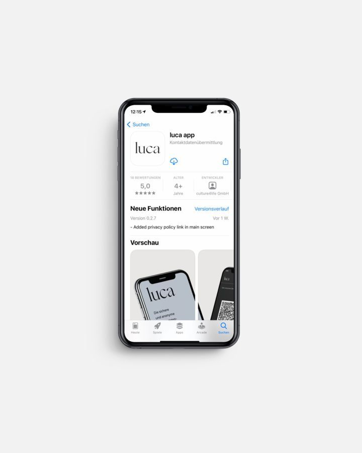 Ansicht der luca-App auf einem Smartphone