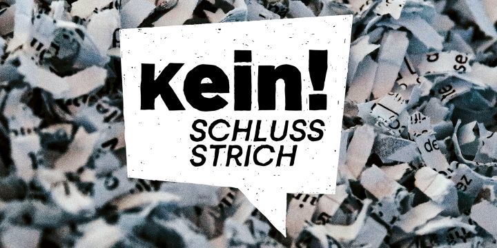 Wort-Bild-Marke "Kein Schlussstrich" auf geschreddertem Papier