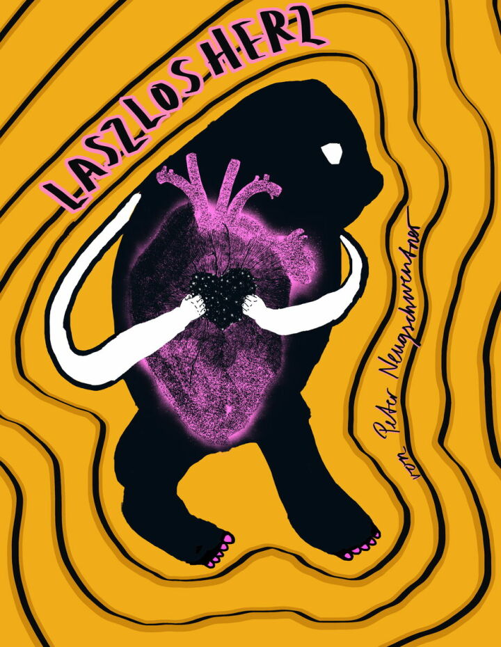 Ein gelbes Plakate mit Ringen und einem kleinen monsterähnlichen Wesen, das ein Herz hält