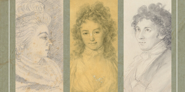 Zu sehen ist eine Reihe von Porträts wichtiger Vertreterinnen der Jenaer Frühromantik. Von links nach rechts: Sophie Mereau, Caroline Schlegel und Dorothea Veit. 