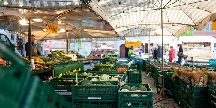 Obst- und Gemüsestand auf dem Jenaer Wochenmarkt mit Kundschaft, die durch die Angebote schaut und einen Händler.