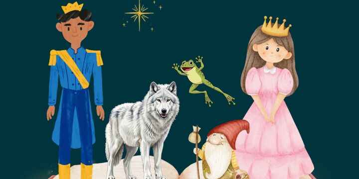 Auf dem Bild ist ein aufgeschlagenes Märchenbuch vor einer Sternkulisse zu sehen. Aus dem Märchenbuch klettern verschiedene Märchenfiguren, wie ein Zwerg, eine Prinzessin und ein Wolf. 