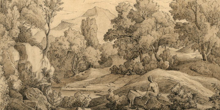 Die Abbildung zeigt ein Werk des Künstlers Wilhelm Rein. Zu sehen ist eine bewaldete Berglandschaft. Im Vordergrund sitzt ein Fabelwesen - halb Mensch, halb Ziege auf einem Felsen. 