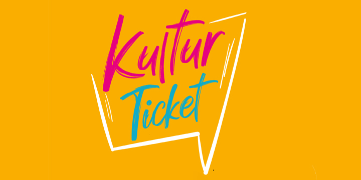Grafik Kulturticket, gelber Grund, Sprechbalse und Schrift "Kulturticket Jena"