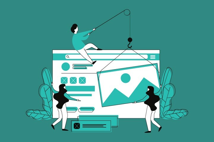 Grafik, auf der Figuren Website-Elemente mit Flaschenzug bewegen