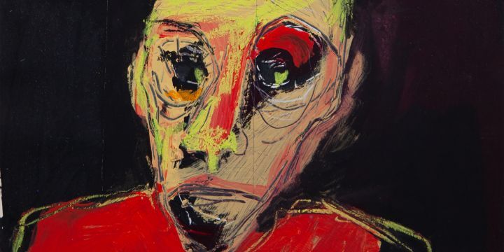 Abstraktes Gemälde einer Gestalt in kräftigen dunklen Farben